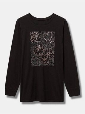 Black Long-Sleeve Graphic Tee with Rose Heart Design